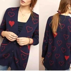 Anthropologie Red Heart Navy Cardigan